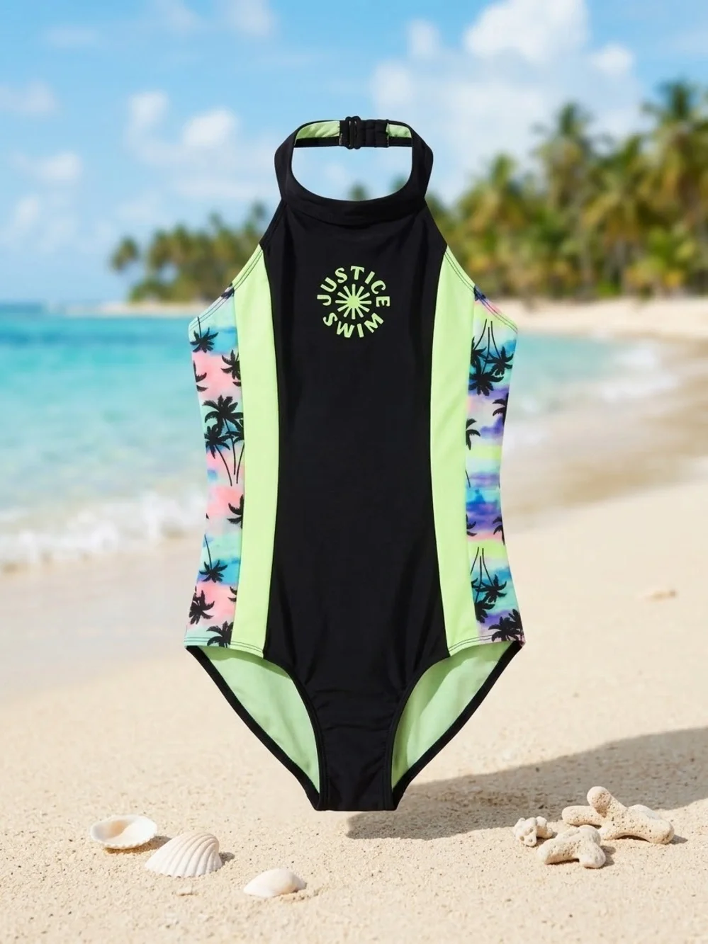 Justice Girls' Black & Lime Green One-Piece with Pastel Palm Print